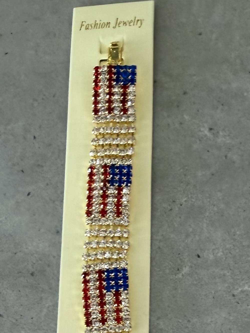 Fashion Jewelry Gold-Tone Rhinestone USA Flag Bracelet - Red, Blue, Clear